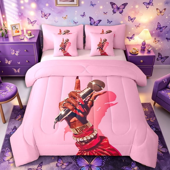 Castle Fairy Chic Microphone Full Size Bedding Sets 7 Pieces,Black Girl Full Size Bed in a Bag,Hot Pink Red,Pink Reversible