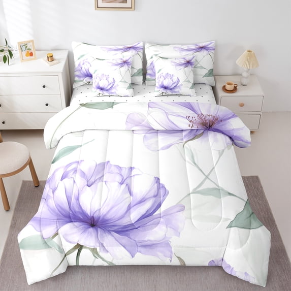 Castle Fairy Chic Purple Flower Boy Girl 7-Piece Twin Bedding Sets,Spring Graden Bedding Comforter Set,Botanical Plants Breathable Sheet Sets,Super Cozy Room Decor