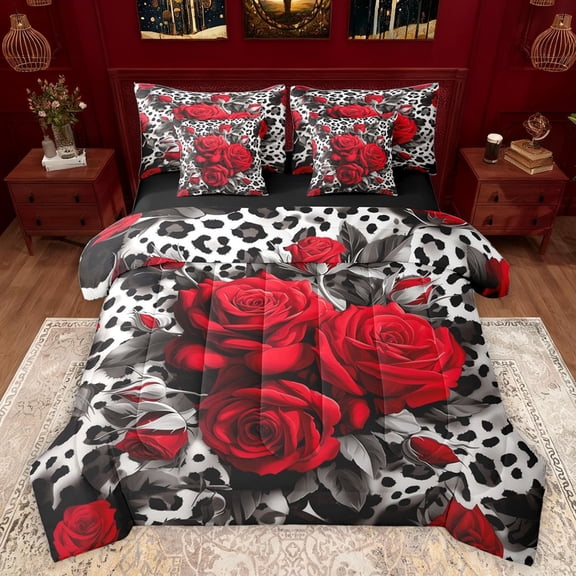 Castle Fairy Chic Red Floral Rose 7-Piece Twin Bedding Set, Abstract Leopard Print, Happy Valentine's Day