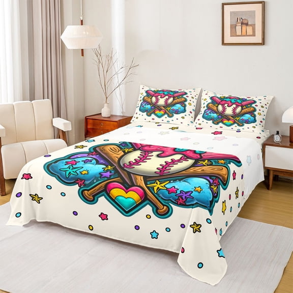 Castle Fairy Child Boys Girls Baseball Print Bed Sheets,Sport King Sheets