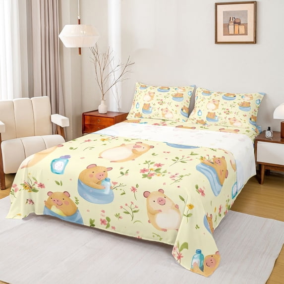 Castle Fairy Child Boys Girls Cartoon Guinea Pig Bed Sheets,Cute Floral Animal King Sheets