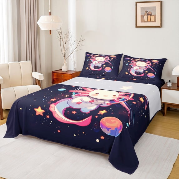 Castle Fairy Child Boys Girls Cute Axolotl Astronaut Twin Sheet Sets,Cosmos Planet Bedding