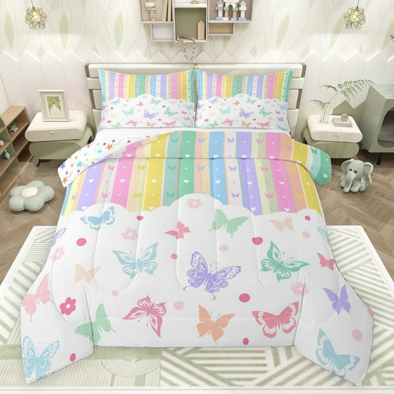 Castle Fairy Child Boys Girls Flying Butterflies Bedding Comforter Set 2pcs,Chic Floral Polka Dots Twin Comforter Sets Microfiber,Geometric Colorful Stripes Breathable Bedding Set