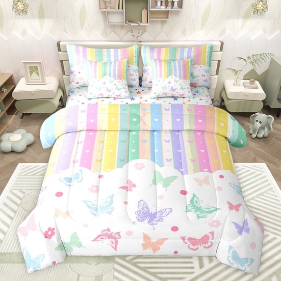 Castle Fairy Child Boys Girls Flying Butterflies Bedding Comforter Set 7 Pieces,Chic Floral Polka Dots Full Bedding Set Lightweight,Geometric Colorful Stripes Fitted Sheet Flat Sheet
