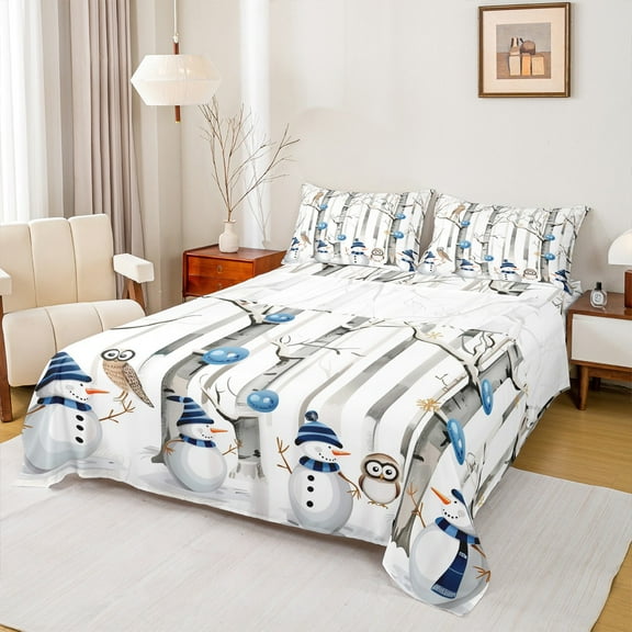 Castle Fairy Child Christmas Snowman 3pcs Twin Sheet Sets,Kawaii Owl Twin Fitted Sheet,Tree Branches Breathable Flat Sheet,Microfiber Bedroom Decor