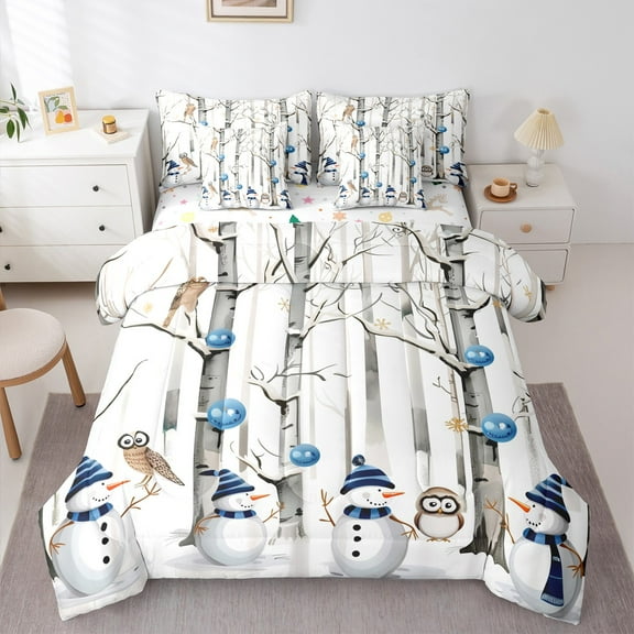 Castle Fairy Child Christmas Snowman 7pcs Bedding Comforter Set,Kawaii Owl Queen Bedding Sets Super Cozy,Tree Branches Queen Sheet Sets,Microfiber Bedroom Decor