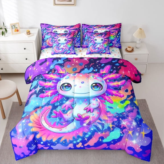 Castle Fairy Child Cute Axolotl Twin Bedding Sets,Bling Stars Print Bedding Comforter Set