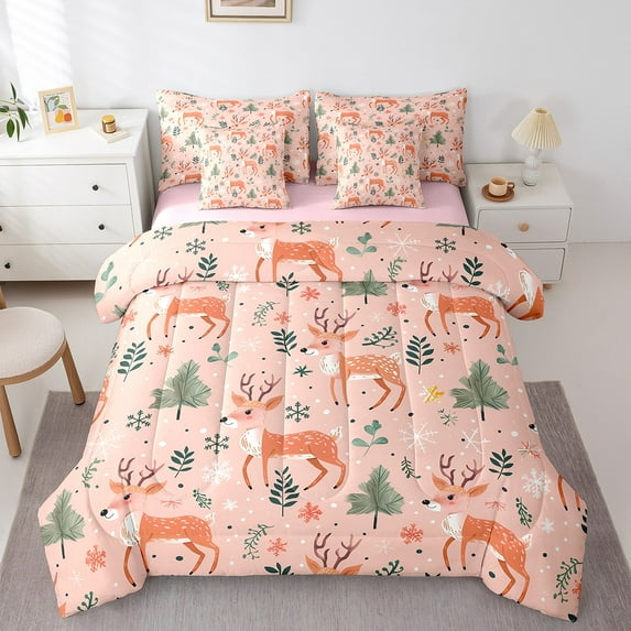 Castle Fairy Child Cute Deer Twin Bedding Sets,Winter Snowflakes Bedding Comforter Set