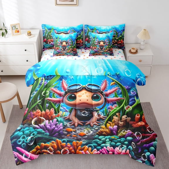 Castle Fairy Child Cute Salamander Twin Bedding Sets,Cartoon Axolotl Bedding Comforter Set