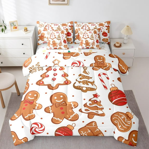 Castle Fairy Child Gingerbread Man 7 Pieces Bedding Comforter Set,Polka Dots Full Bedding Set Lightweight,Merry Christmas Fitted Sheet Flat Sheet,Luxury Bedroom Decor
