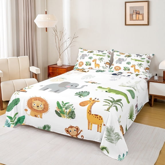 Castle Fairy Child Giraffe Elephant Lion 4pcs Bed Sheets,Cartoon Animal King Sheets,Tropical Leaves Super Cozy Sheet Set,Luxury Bedroom Decor