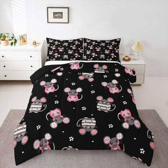 Castle Fairy Child Kawaii Mouse 3 Pieces Queen Comforter Set,Cartoon Animal Ultra Soft Bedding Sets,Geometric Stripes Bedding Comforter Set,Luxury Bedroom Decor