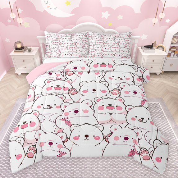 Castle Fairy Child Kids Teens Kawaii White Bear Bedding Comforter Set 2pcs,Cartoon Animal Polar Bear Twin Comforter Sets Microfiber,Pink White Breathable Bedding Set,Ultra Soft Home Decor,Reversible
