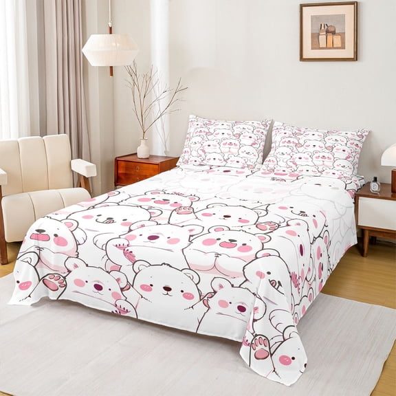 Castle Fairy Child Kids Teens Kawaii White Bear Twin Sheet Sets 3pcs,Cartoon Animal Polar Bear Twin Fitted Sheet Microfiber,Pink White Breathable Flat Sheet,Ultra Soft Home Decor