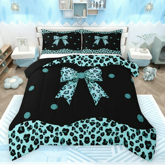 Castle Fairy Child Teens Adults Cheetah Print Bow Knot 3 Pieces Queen Comforter Set,Old Fashion Leopard Print Ultra Soft Bedding Sets,Black Blue Bedding Comforter Set Breathable