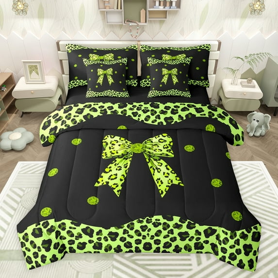 Castle Fairy Child Teens Adults Cheetah Print Bow Knot Bedding Comforter Set 7-Piece,Old Fashion Leopard Print King Bedding Sets,Black Green Ultra Soft Bed Sheets,Ultra Soft Home Decor,Reversible