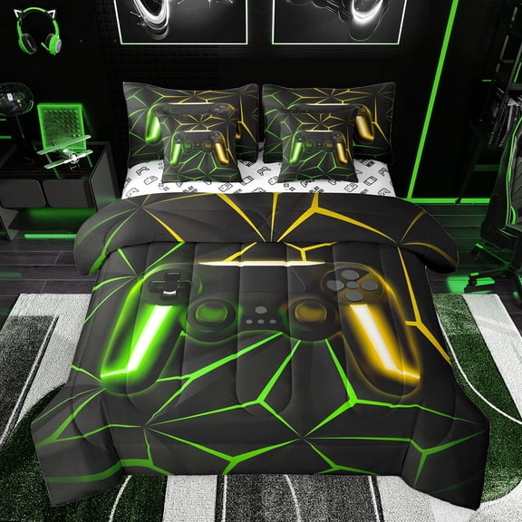 Castle Fairy Child Teens Adults Green Yellow Gamepads Bedding Comforter Set 7-Piece,Abstract Futuristic Cubes Video Game King Bedding Sets,Neon Lights Gamer Ultra Soft Bed Sheets