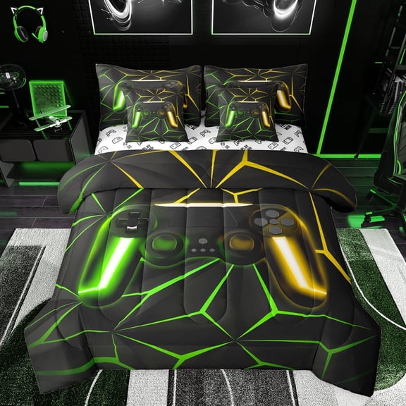 Castle Fairy Child Teens Adults Green Yellow Gamepads Twin Bedding Sets 7-Piece,Abstract Futuristic Cubes Video Game Bedding Comforter Set Microfiber,Neon Lights Gamer Breathable Sheet Sets