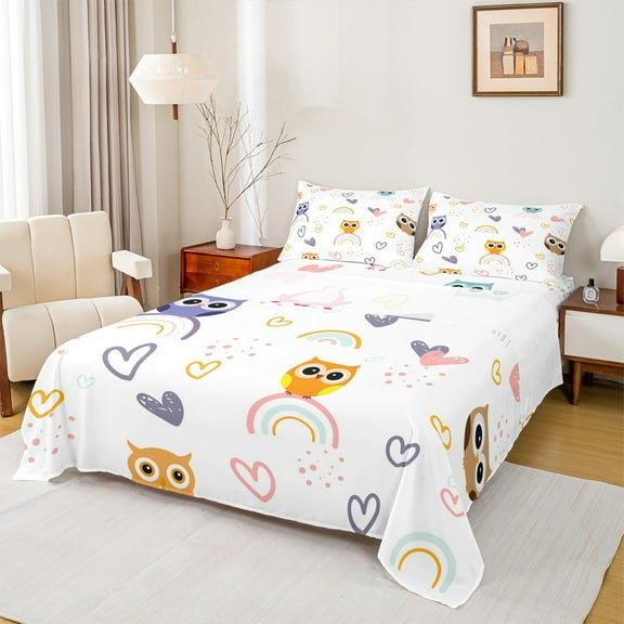 Castle Fairy Children Animal Owl 4 Pieces Queen Sheet Sets,Kawaii Rainbow Ultra Soft Flat Sheet,Love Heart Print Queen Fitted Sheet,Ultra Soft Home Decor