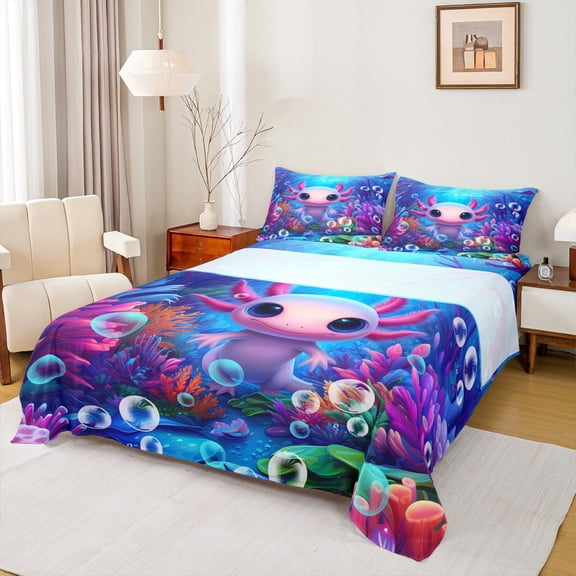 Castle Fairy Children Cartoon Axolotl Bed Sheets,Ocean Salamander King Sheets