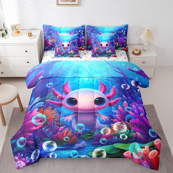 Castle Fairy Children Cartoon Axolotl Bedding Comforter Set,Salamander Full Bedding Set