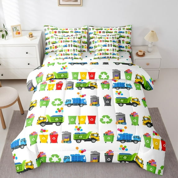Castle Fairy Children Cartoon Car 7 Pieces Bedding Comforter Set,Trash Truck Full Bedding Set Lightweight,Garbage Truck Fitted Sheet Flat Sheet,Super Cozy Room Decor