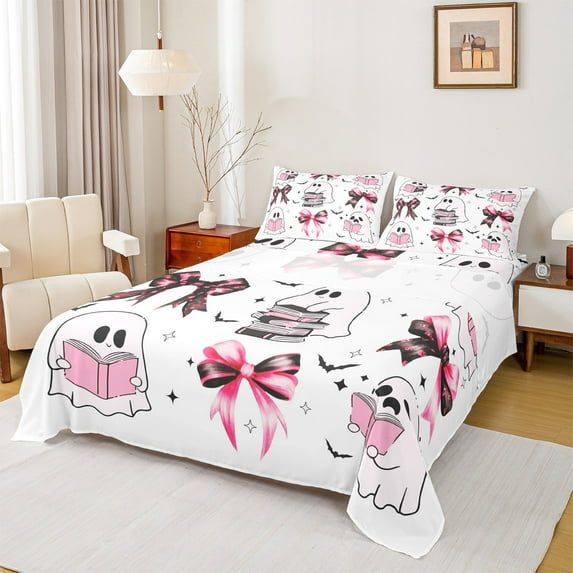 Castle Fairy Children Cartoon Ghost 4 Pieces Queen Sheet Sets,Kawaii Bowknot Ultra Soft Flat Sheet,Happy Halloween Queen Fitted Sheet,Microfiber Bedroom Decor