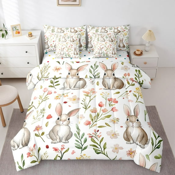 Castle Fairy Children Cartoon Rabbit 7 Pieces Bedding Comforter Set,Floral Animal Full Bedding Set Lightweight,Kawaii Wildlife Fitted Sheet Flat Sheet,Lightweight Room Decor