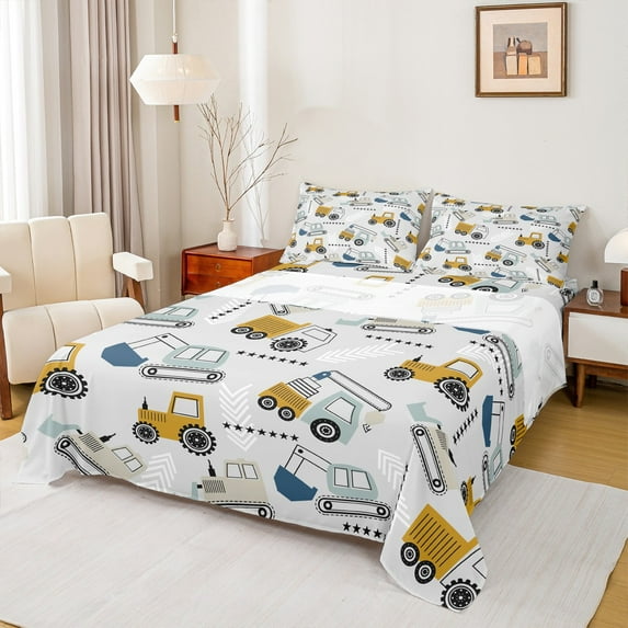 Castle Fairy Children Cartoon Truck 4 Pieces Queen Sheet Sets,Construction Vehicles Ultra Soft Flat Sheet,Equipment Car Queen Fitted Sheet,Luxury Bedroom Decor