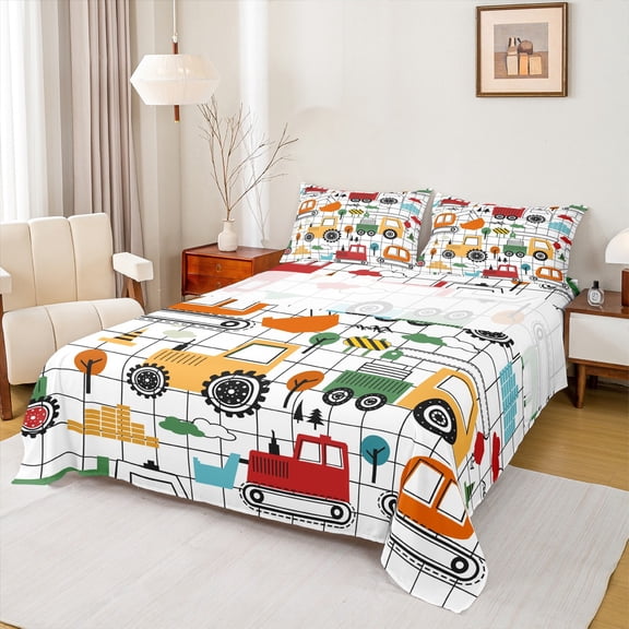 Castle Fairy Children Cartoon Truck 4 Pieces Queen Sheet Sets,Geometric Lattice Ultra Soft Flat Sheet,Equipment Car Queen Fitted Sheet,Ultra Soft Home Decor