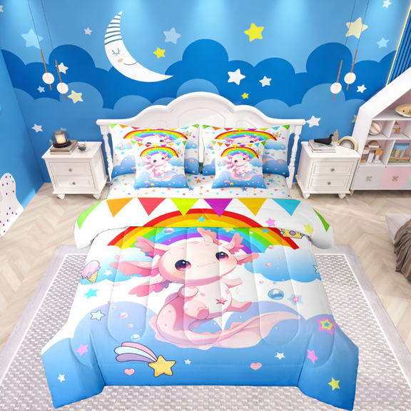 Castle Fairy Children Cute Axolotl 7-Piece Twin Bedding Sets,Cartoon Rainbow Bedding Comforter Set,Kawaii Animal Breathable Sheet Sets,Super Cozy Room Decor
