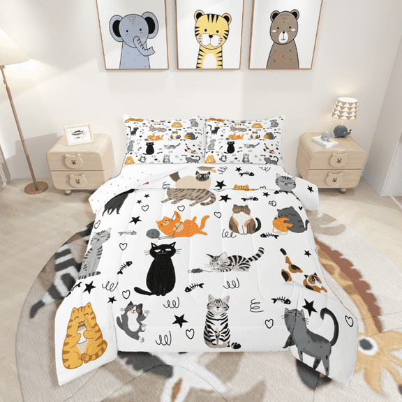 Castle Fairy Children Cute Cats 3 Pieces Queen Comforter Set,Kawaii Pets Ultra Soft Bedding Sets,Cartoon Animal Bedding Comforter Set,Ultra Soft Home Decor