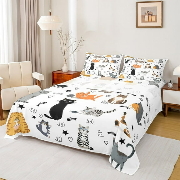 Castle Fairy Children Cute Cats 3pcs Twin Sheet Sets,Kawaii Pets Twin Fitted Sheet,Cartoon Animal Breathable Flat Sheet,Ultra Soft Home Decor