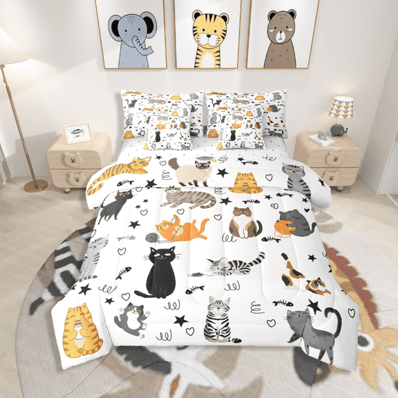 Castle Fairy Children Cute Cats 7-Piece Twin Bedding Sets,Kawaii Pets Bedding Comforter Set,Cartoon Animal Breathable Sheet Sets,Ultra Soft Home Decor