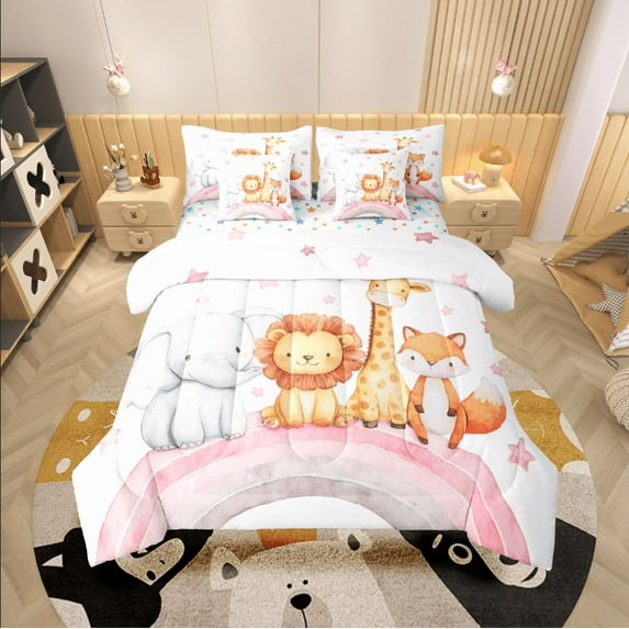 Castle Fairy Children Elephant Lion Giraffe Fox 7pcs Bedding Comforter Set,Cartoon Animal Queen Bedding Sets Super Cozy,Rainbow Stars Queen Sheet Sets,Breathable Home Decor
