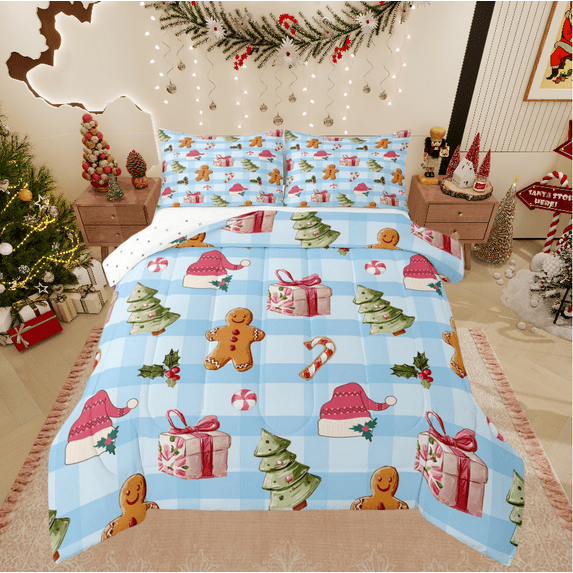 Castle Fairy Children Gingerbread Man 3 Pieces Queen Comforter Set,Geometric Lattice Ultra Soft Bedding Sets,Christmas Tree Bedding Comforter Set,Breathable Home Decor