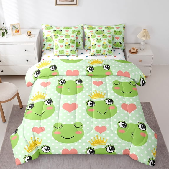 Castle Fairy Children Green Frog 7-Piece Bedding Comforter Set,Polka Dots King Bedding Sets,Love Heart Print Ultra Soft Bed Sheets,Lightweight Room Decor