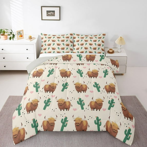 Castle Fairy Children Highland Bull Twin Comforter Sets,Green Cactus Bedding Set