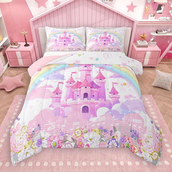 Castle Fairy Children Kawaii Castle 3 Pieces Queen Comforter Set,Cartoon Rainbow Ultra Soft Bedding Sets,Dreamy Flowers Bedding Comforter Set,Luxury Bedroom Decor