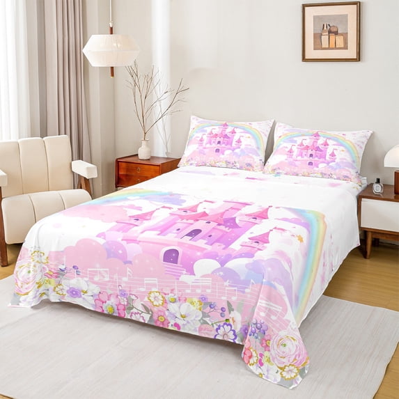 Castle Fairy Children Kawaii Castle 3Pcs Twin Sheet Sets,Cartoon Rainbow Twin Fitted Sheet,Dreamy Flowers Breathable Flat Sheet,Luxury Bedroom Decor