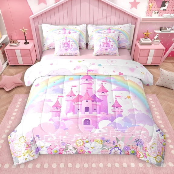 Castle Fairy Children Kawaii Castle 7 Pieces Bedding Comforter Set,Cartoon Rainbow Full Bedding Set Lightweight,Dreamy Flowers Fitted Sheet Flat Sheet,Luxury Bedroom Decor