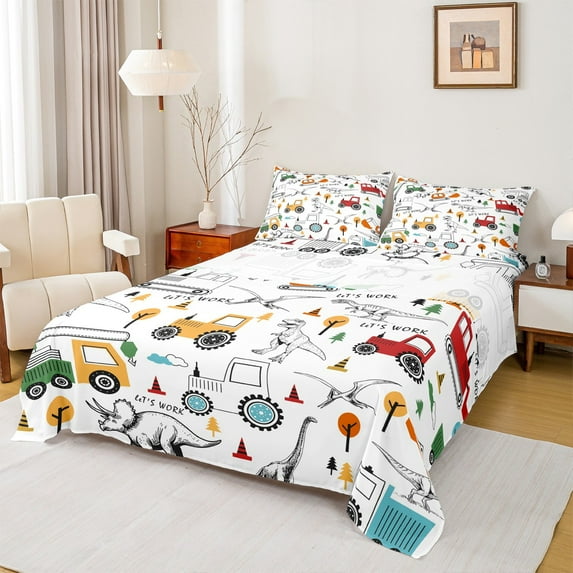 Castle Fairy Children Kawaii Tractor 3pcs Twin Sheet Sets,Construction Vehicles Twin Fitted Sheet,Cartoon Dinosaur Breathable Flat Sheet,Breathable Home Decor