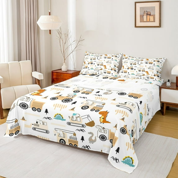 Castle Fairy Children Kawaii Tractor 4-Piece Full Size Sheets,Construction Vehicles Bed Sheets,Cartoon Dinosaur Lightweight Sheet Sets,Breathable Home Decor