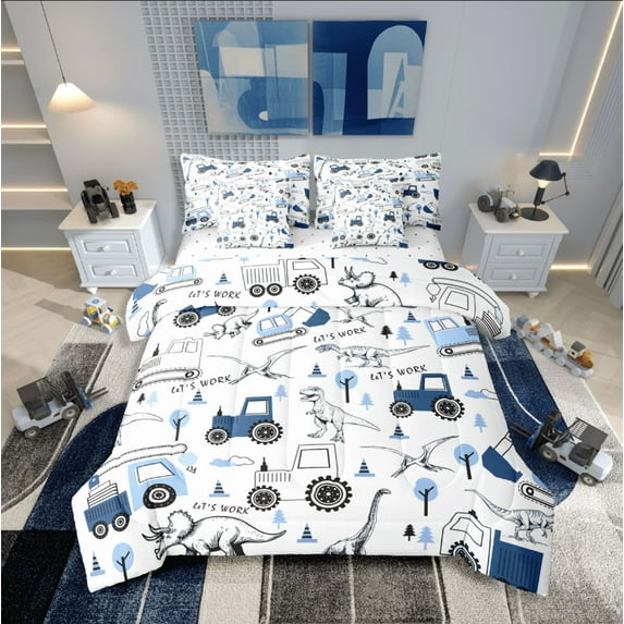 Castle Fairy Children Kawaii Tractor 7pcs Bedding Comforter Set,Construction Vehicles Queen Bedding Sets Super Cozy,Cartoon Dinosaur Queen Sheet Sets,Breathable Home Decor