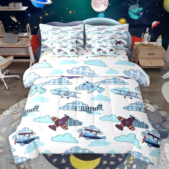 Castle Fairy Children Kids Cartoon Plane Bedding Comforter Set 7-Piece,Kawaii Airplane Aircraft King Bedding Sets,Transportation Theme Ultra Soft Bed Sheets,Ultra Soft Home Decor,Reversible