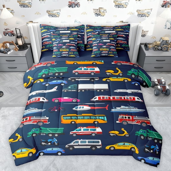 Castle Fairy Children Kids Cartoon Plane Car Bedding Comforter Set 7 Pieces,Construction Vehicles Full Bedding Set Lightweight,Transportation Theme Fitted Sheet Flat Sheet,Ultra Soft Home Decor