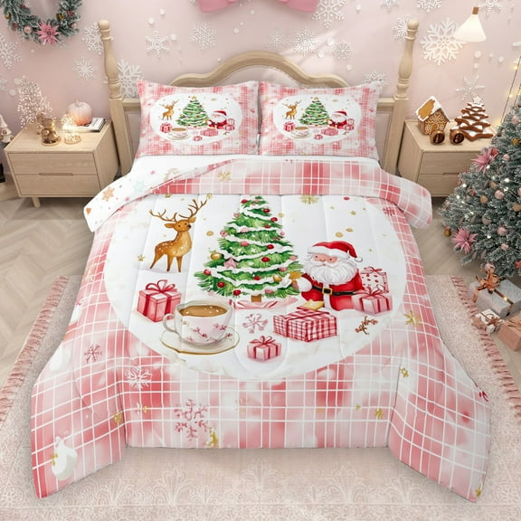 Castle Fairy Children Kids Santa Claus Deer Boy Girl 2Pcs Bedding Comforter Set,Christmas Tree Twin Comforter Sets,Geometric Plaid Breathable Bedding Set,Microfiber Bedroom Decor