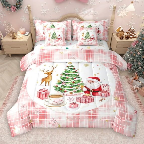 Castle Fairy Children Kids Santa Claus Deer Boy Girl 7-Piece Bedding Comforter Set,Christmas Tree King Bedding Sets,Geometric Plaid Ultra Soft Bed Sheets,Microfiber Bedroom Decor