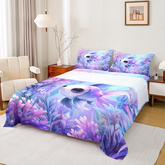 Castle Fairy Children Ocean Purple Fish Twin Sheet Sets,Cute Marine Animal Bedding