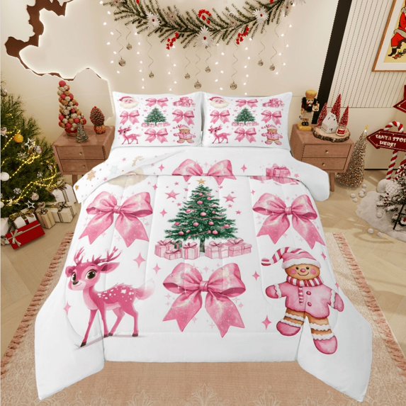 Castle Fairy 2-Piece Twin Size Comforter Set, Bow Gingerbread and Deer Christmas Print